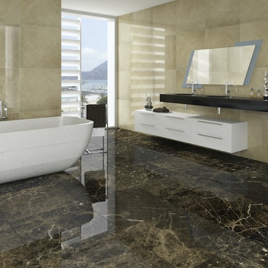a photo of a bathroom with Emperador marble on the floors