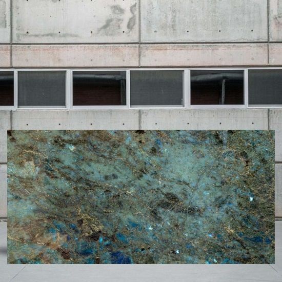 an image of a Lemurian Blue granite slab in yard
