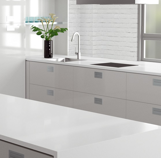 a kitchen with Compac Absolute Blanc 20mm quartz glace finish
