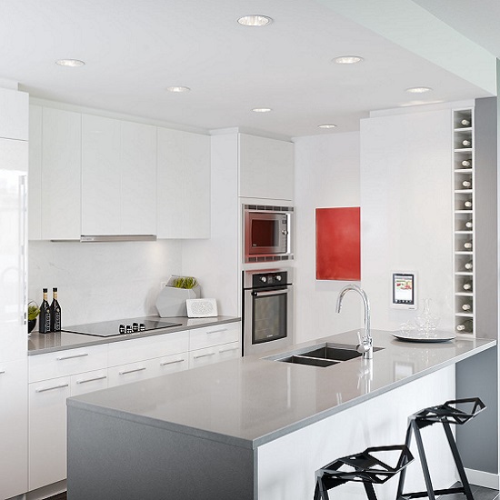 a white room with a Compac Ceniza kitchen island