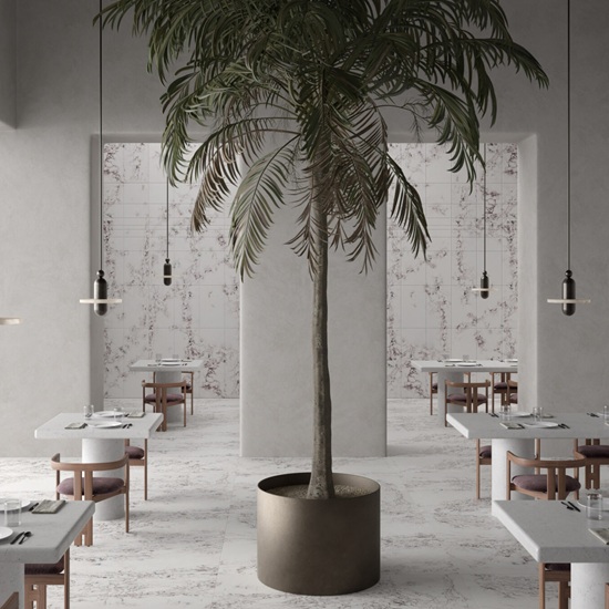 table tops in Compac Ice Viola quartz in a Dining room