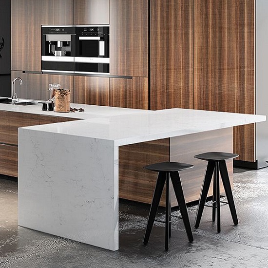 a photo of a modern kitchen with Compac Unique Arabescato worktops