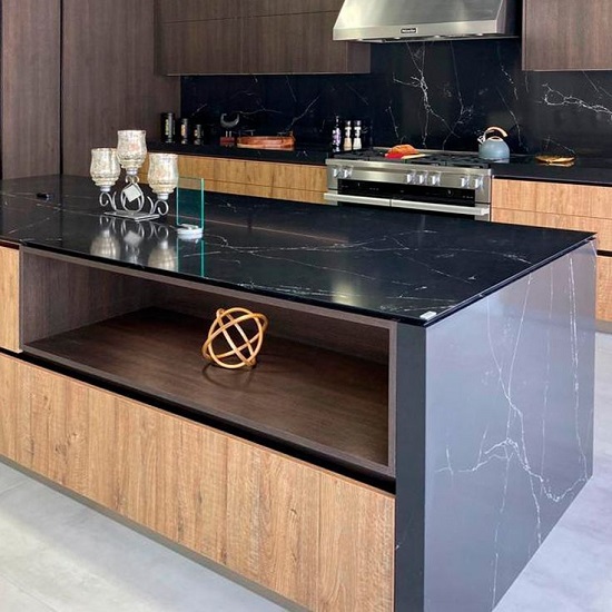 a kitchen island with Compac Unique Marquina glace