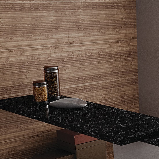 a photo of Compac Unique Portoro worktops 2cm thickness and a wooden wall
