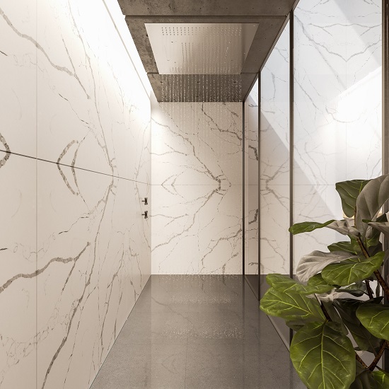 a hallway with Technistone Crystal Calacatta Silva walls