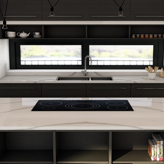 a photo of a black kitchen with Unistone Arabescato worktops