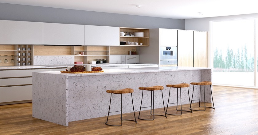 Unistone Argento polished quartz worktops in a modern kitchen with wooden walls and floors