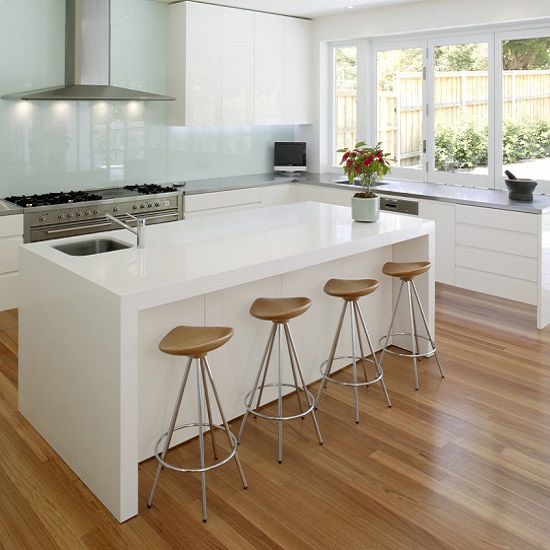 a photo of a Unistone Bianco quartz kitchen island