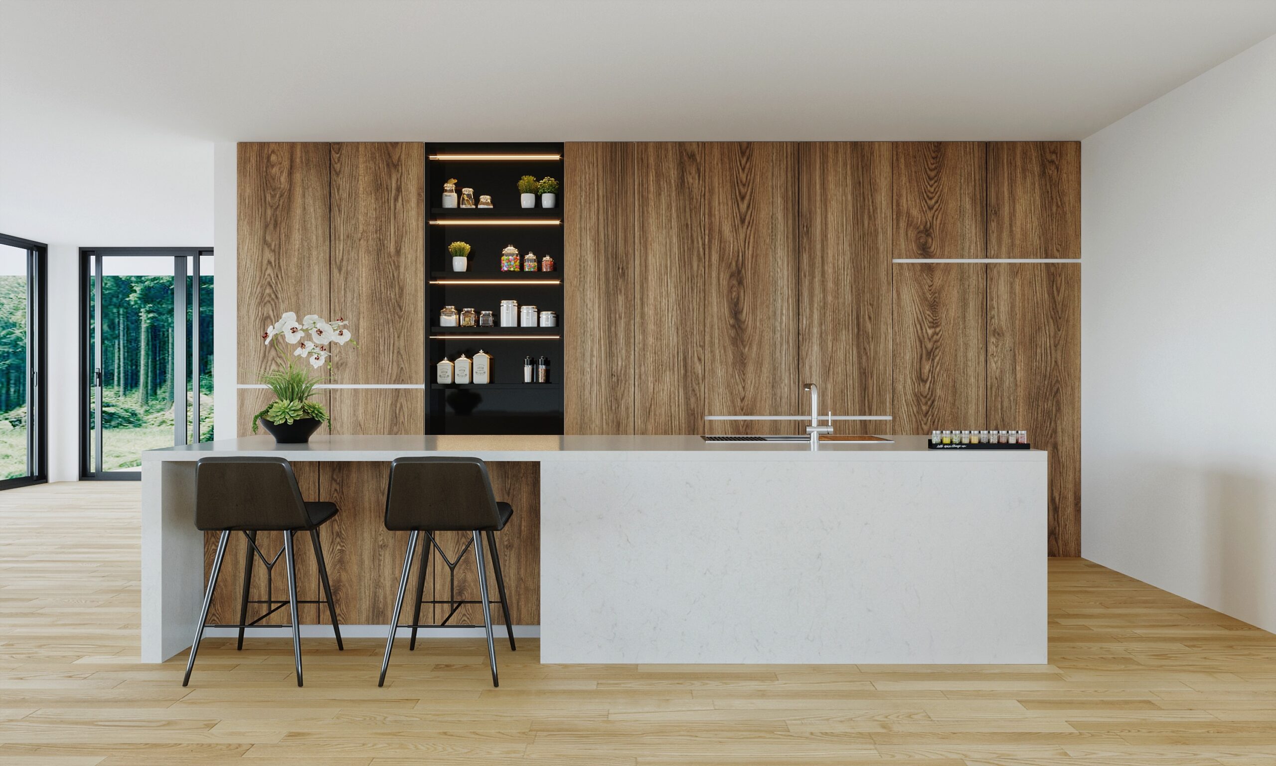 a minimalistic kitchen with a Unistone Bianco Carrara kitchen island wrap around