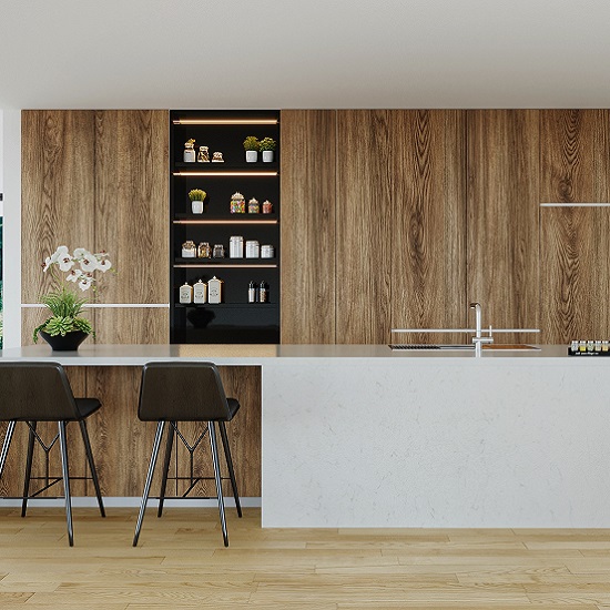 a wood kitchen with Unistone Bianco Carrara worktops