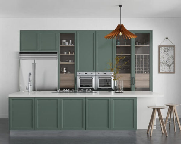 a photo of a kitchen with Unistone Bianco Extra polished quartz worktops