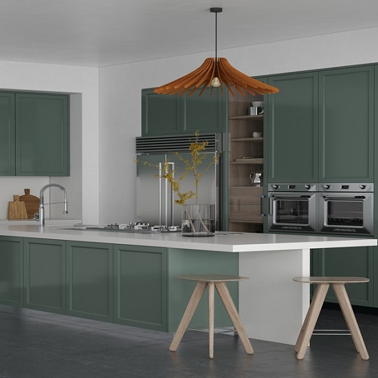 a photo of a green kitchen with Unistone Bianco Extra worktops and a quartz breakfast bar