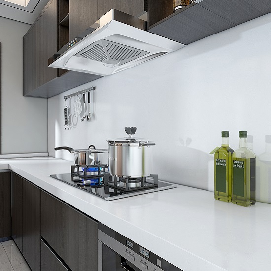 a dark kitchen with a Unistone Bianco Extreme worktop and a matching backsplash