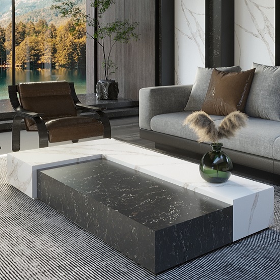 a photo of a living room with Unistone Calacatta Vagli Oro quartz worktops