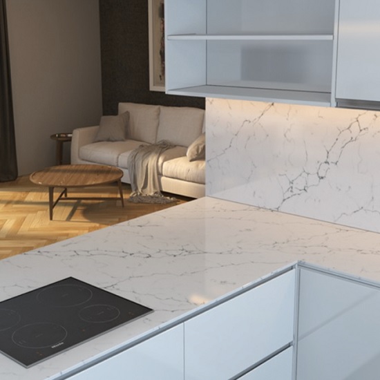 a photo of a polished Unistone Carrara Venatino quartz worktop