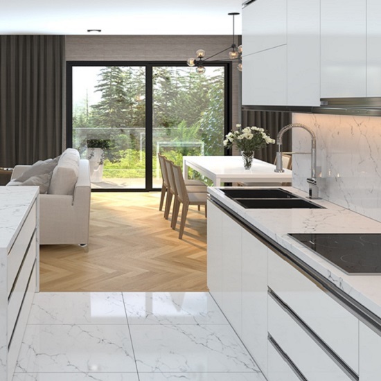 a kitchen with Unistone Carrara Venatino worktops