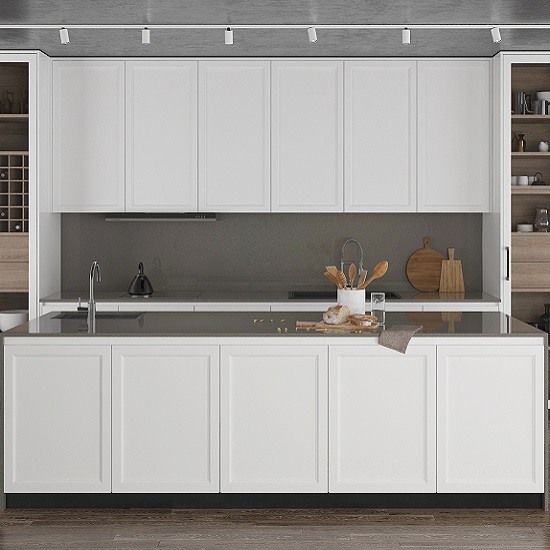 a photo of a white kitchen with Unistone Cemento polished quartz 2cm worktops