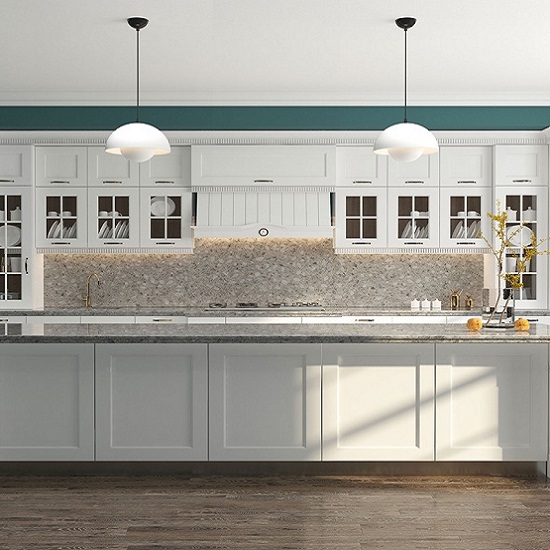 a kitchen with Unistone Ceppo worktops