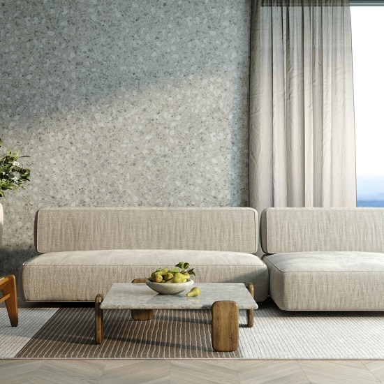 a living room with Unistone Ceppo walls terrazzo