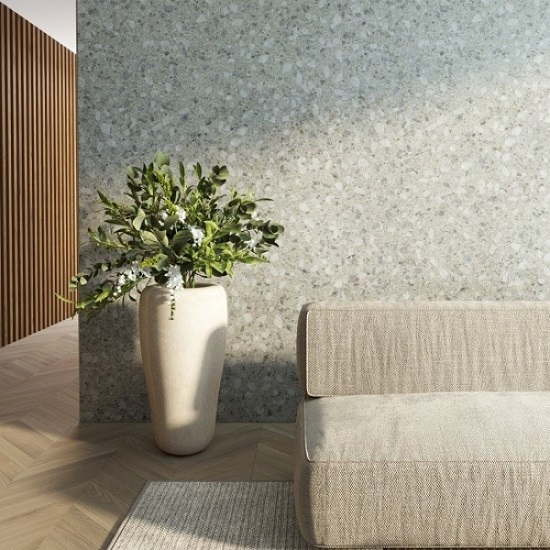 a photo of a wall cladding in terrazzo grey Unistone Ceppo quartz