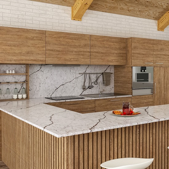a modern wooden kitchen with Unistone Diamant worktops and splashbacks