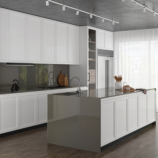 a kitchen with Unistone Grigio polished quartz worktops