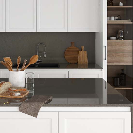 a kitchen with Unistone Grigio 2 cm polished quartz