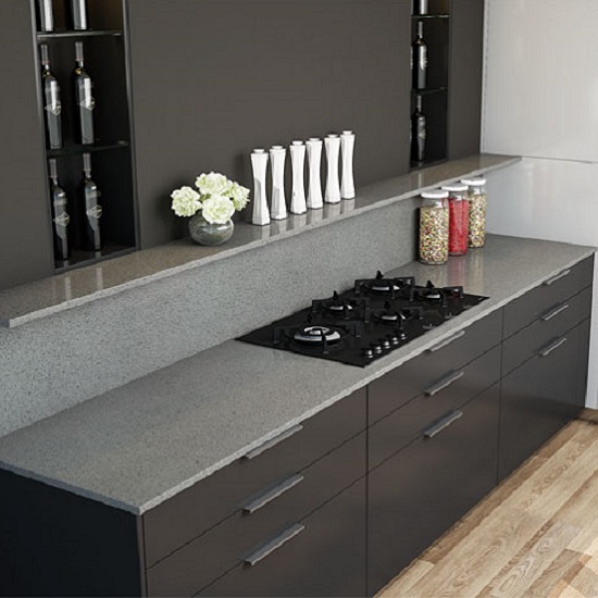a grey kitchen with Unistone Grigio Galactica 20mm quartz worktops