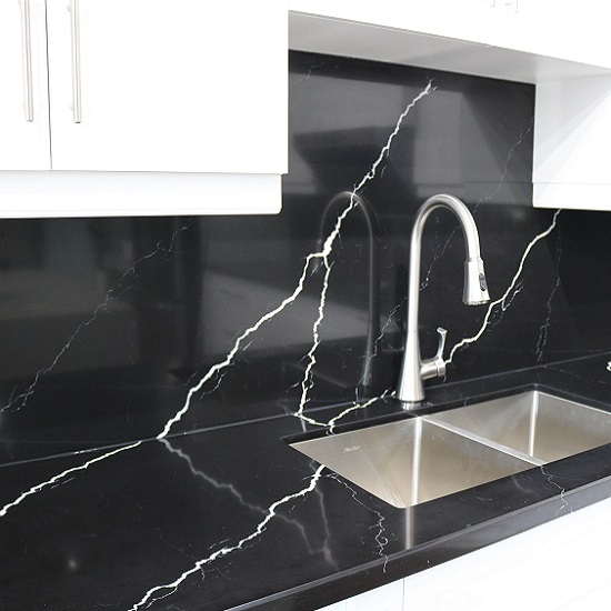 Unistone Nero Marquina quartz worktops and backsplashes