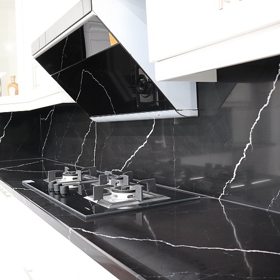 a full height Unistone Nero Marquina quartz splashback