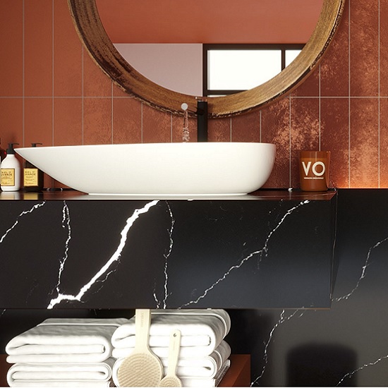 a Unistone Nero Marquina bathroom worktop