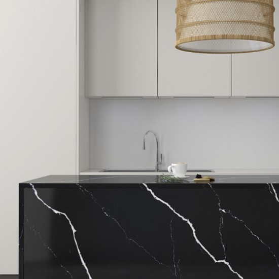 a kitchen island in Unistone Nero Marquina velluto quartz