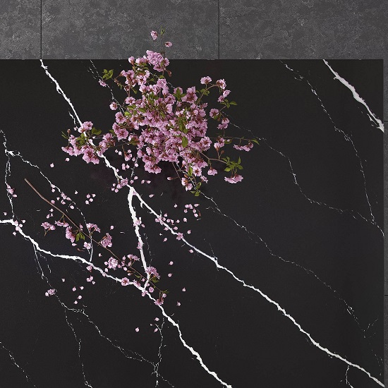 a close-up photo of a Unistone Nero Marquina velluto worktop