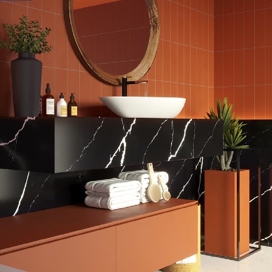 a Unistone Nero Marquina wall and worktops in a bathroom