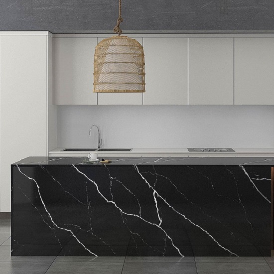 a contemporary kitchen with Unistone Nero Marquina countertops