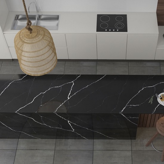 a Unistone Nero Marquina black quartz worktop