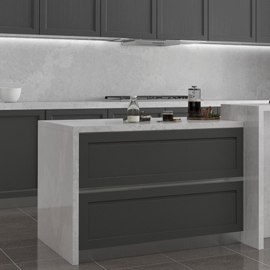 a kitchen with Unistone Olympus honed worktops