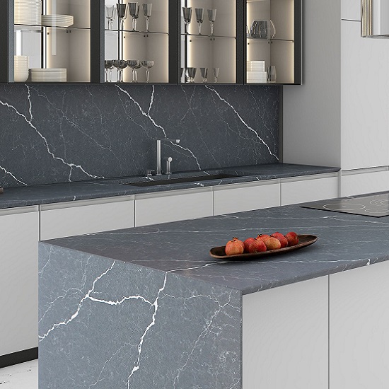Unistone Pietra Grey quartz polished worktops in a white kitchen