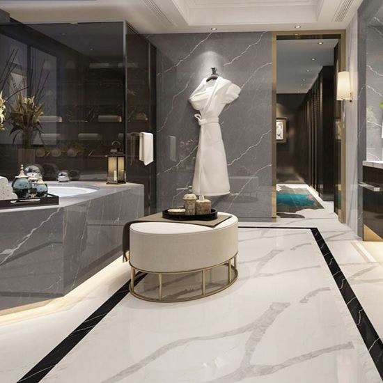 a bathroom with a Unistone Pietra Grey quartz bath tub