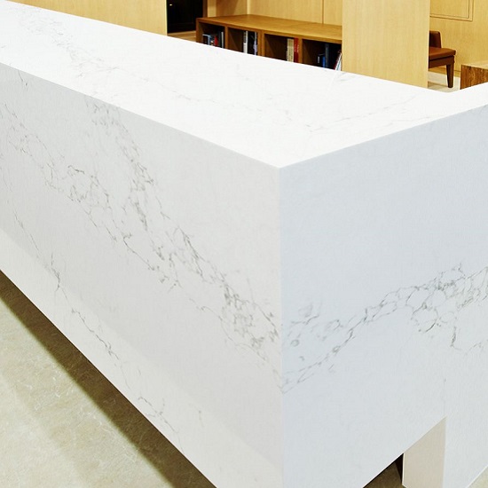 a Unistone Statuario worktop with mitred side panels
