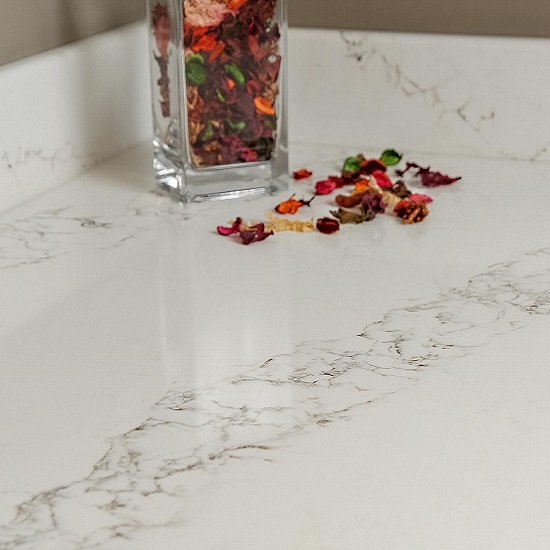 a close-up photo of Unistone Statuario worktops and upstands