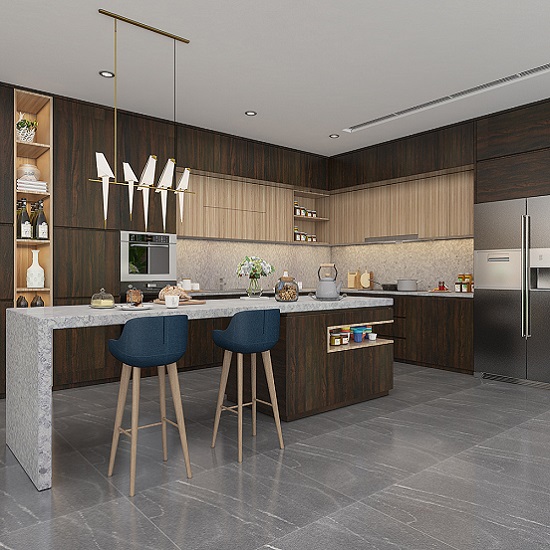 a kitchen with Unistone Terreno splashbacks and worktops