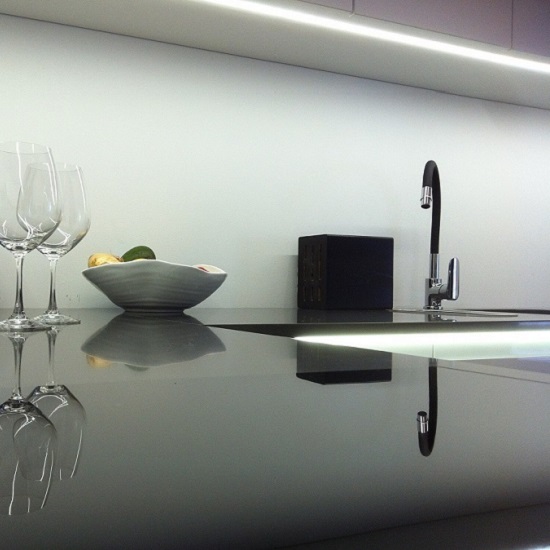 a polished Technistone Crystal Anthracite Pure quartz worktop