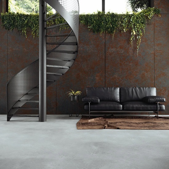 a living room with Technistone Decore Ocra walls
