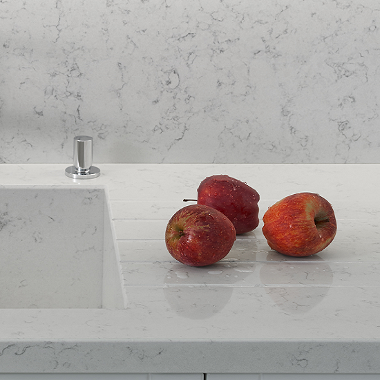 a polished Technistone Noble Carrara quartz kitchen worktop