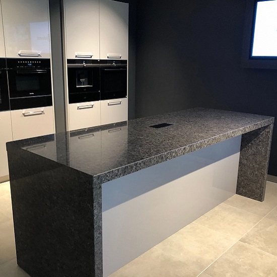 a Technistone Noble Imperial Grey kitchen island waterfall
