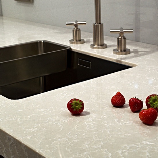 a close-up of a Technistone Noble Olympos Mist polished 30mm quartz worktop