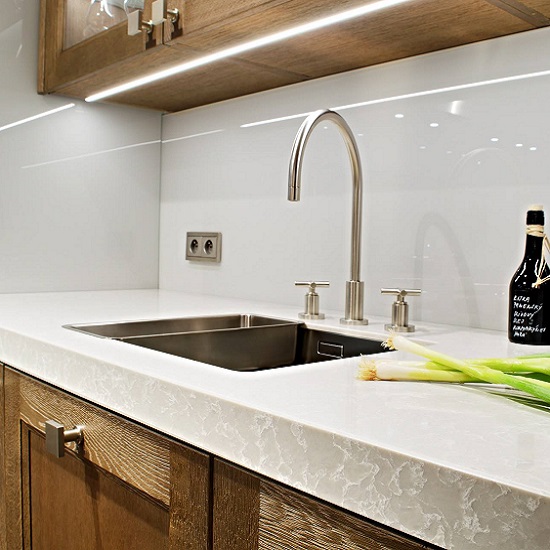 a close-up of Technistone Noble Olympos Mist polished quartz worktops