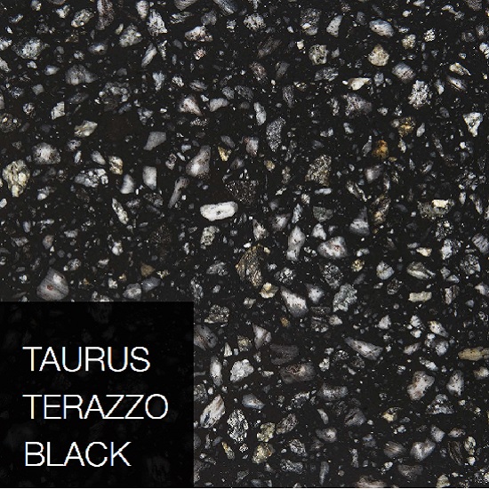 a photo of Technistone Terrazzo Black quartz and a product label