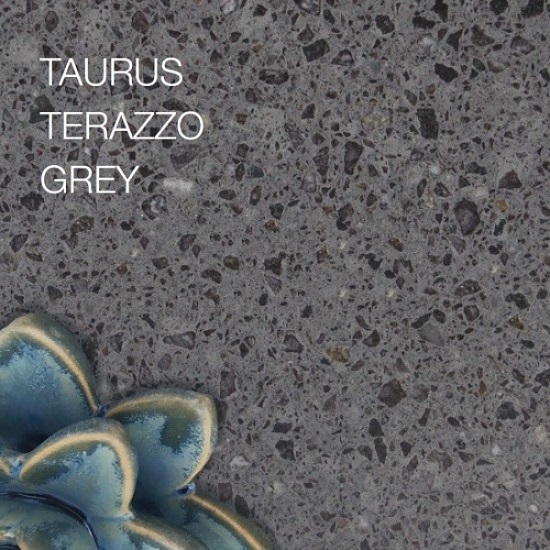 a Technistone Taurus Terrazzo Grey matt finish quartz photo and a product label
